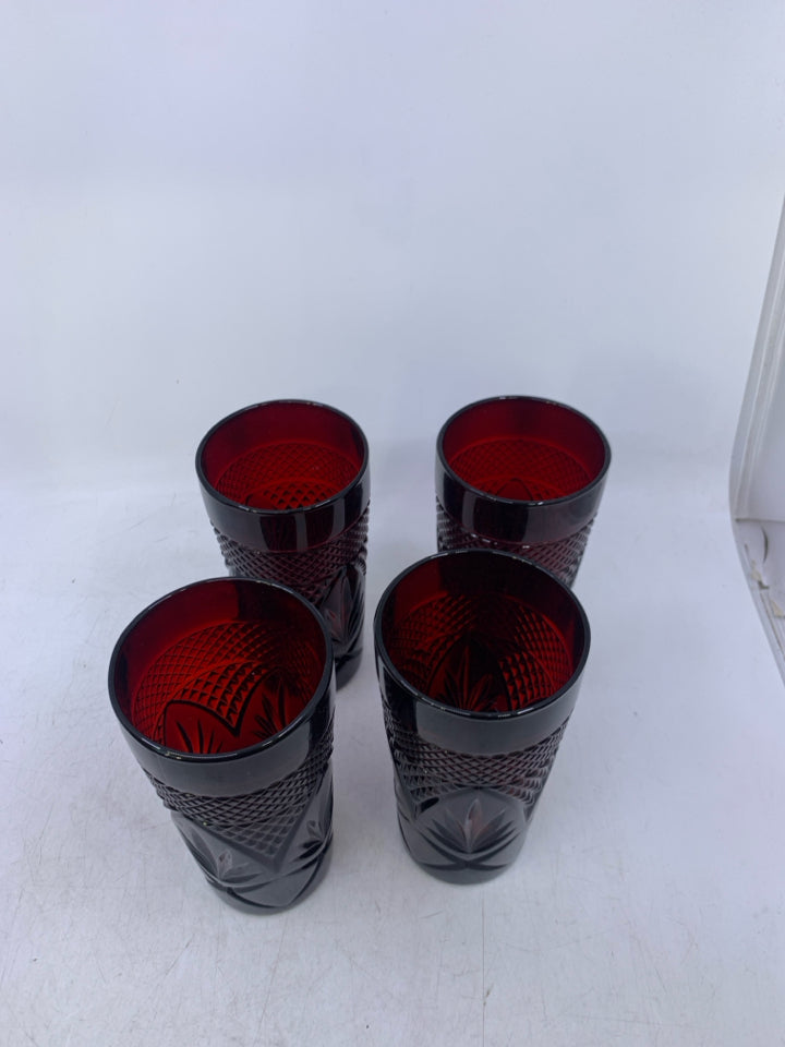 4 CUT GLASS CRANBERRY GLASSES.