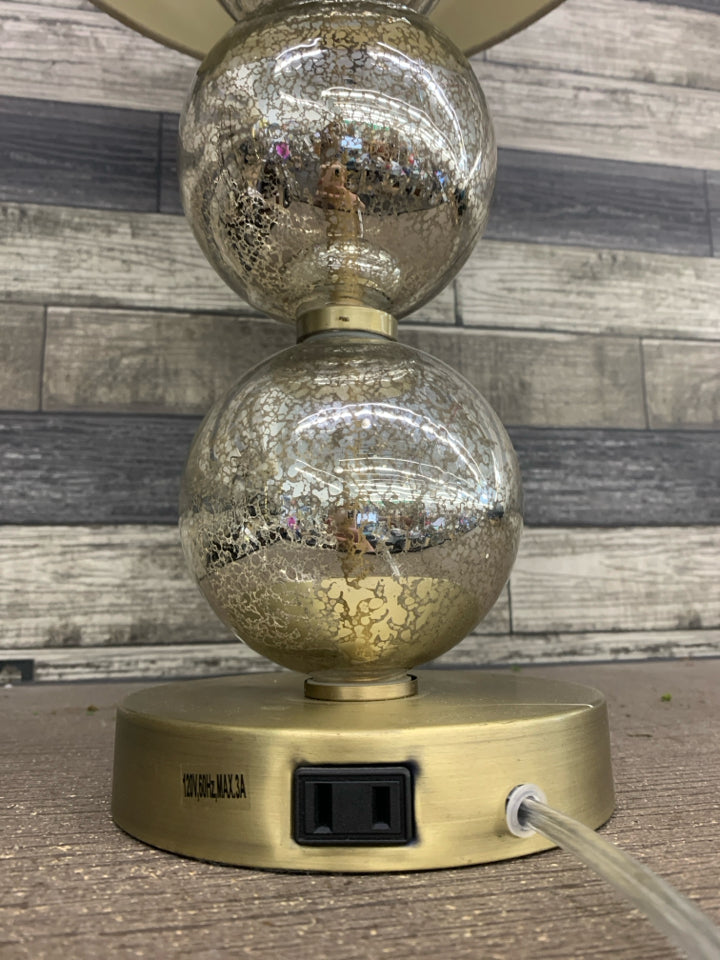 3 METALLIC STACKING GLASS BALLS BASE LAMP W/ GOLD-POWER BANK WHITE SHADE.