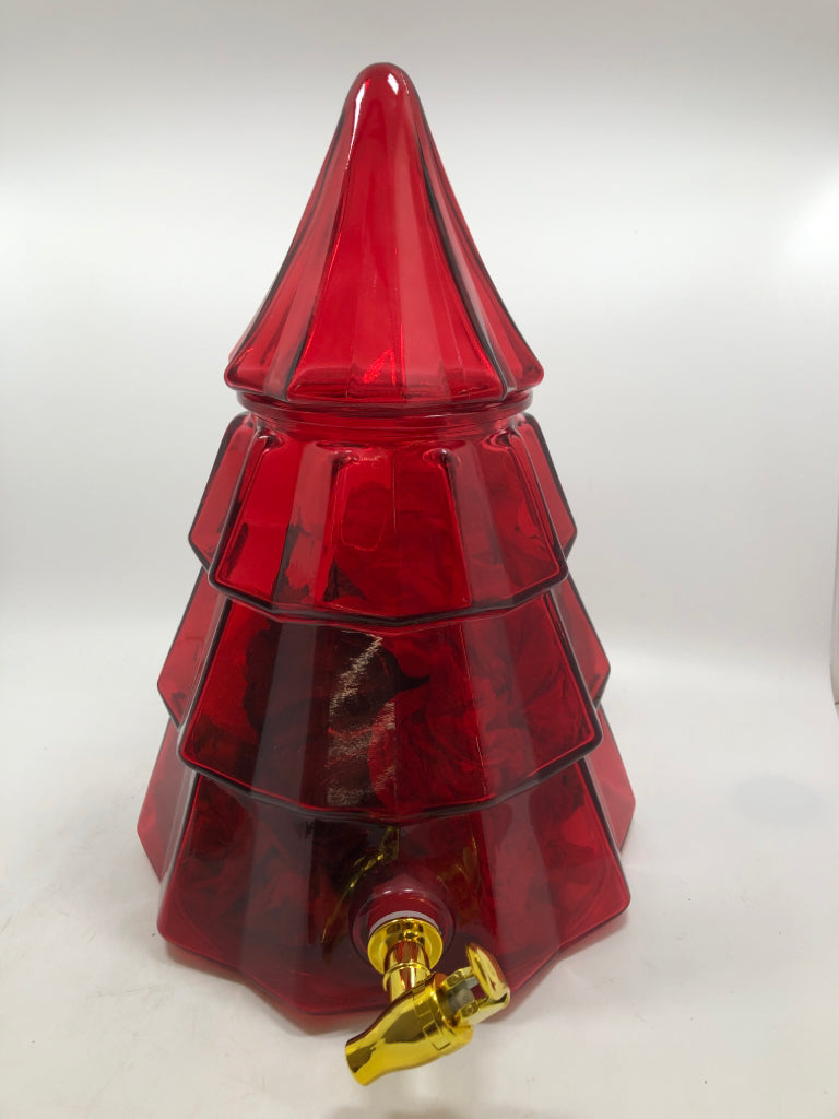 RED GLASS TREE DRINK DISPENSER.