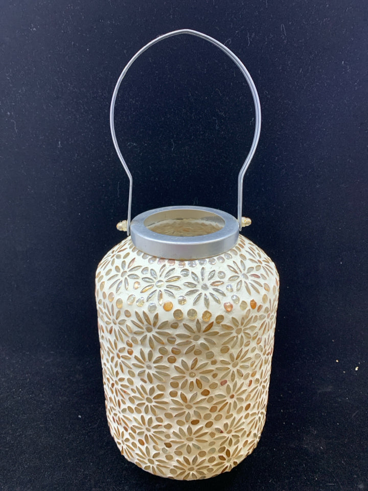 CERAMIC LANTERN W/GOLD GLASS GEMS FLORAL & TIN HANDLE.