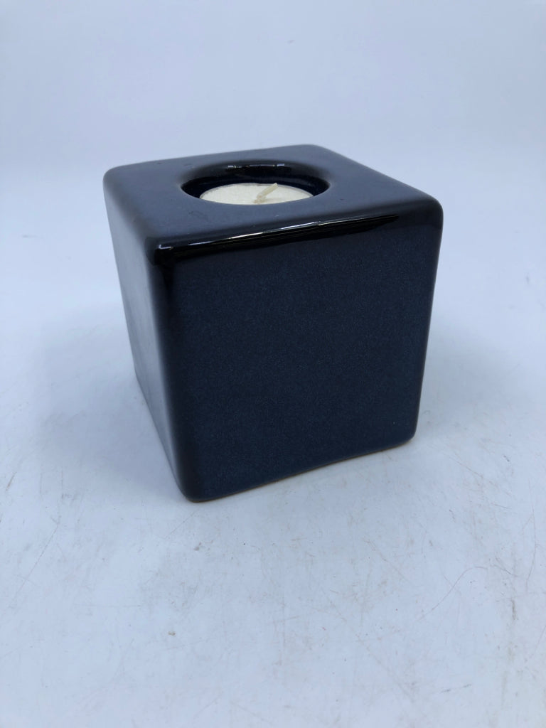 BLUE SQUARE CANDLE HOLDER W/ BIRD PRINT.