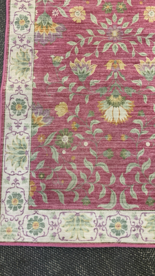 PINK W/ GREEN FLOWERS RUG RUNNER WASHABLE.