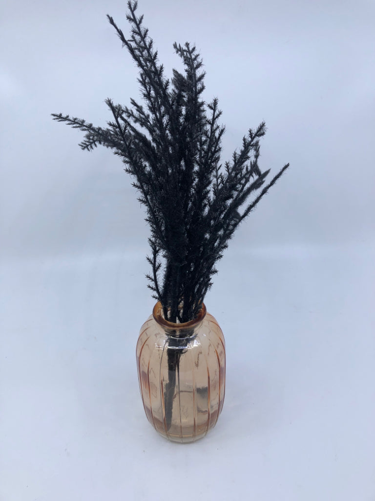 FAUX BLACK FEATHERS IN PINK VASE.