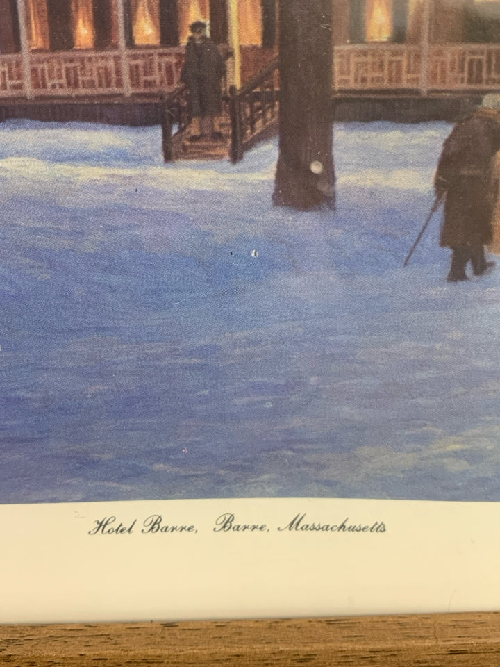 A PRINT OF CHILDREN BUILDING A SNOWMAN "HOTEL BARRE" BY FRANK BLY WALL ART.