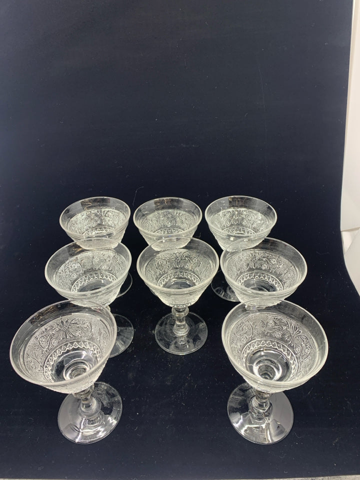 8 FOOTED ETCHED TALL WINE GLASSES.