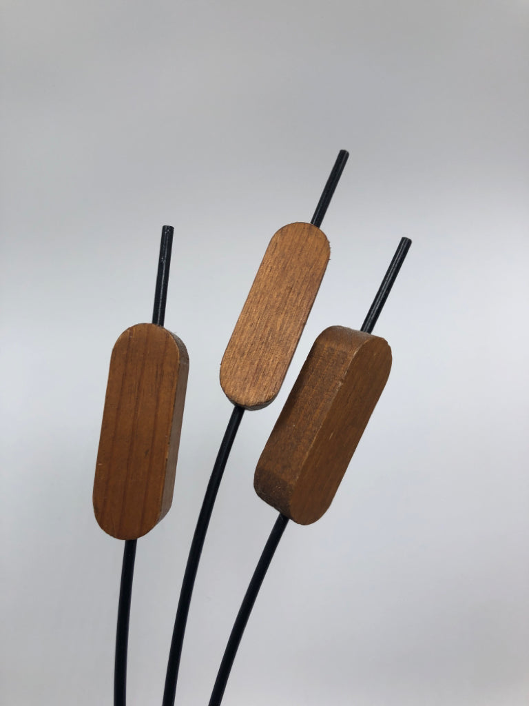 2PC WOODEN CAT TAIL SHAPES ON BLACK METAL STEM DECOR.