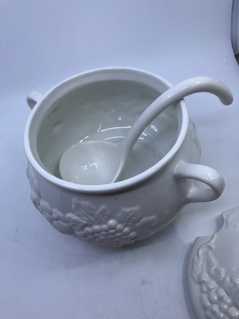 EMBOSSED FRUIT SOUP TUREEN + LADLE.