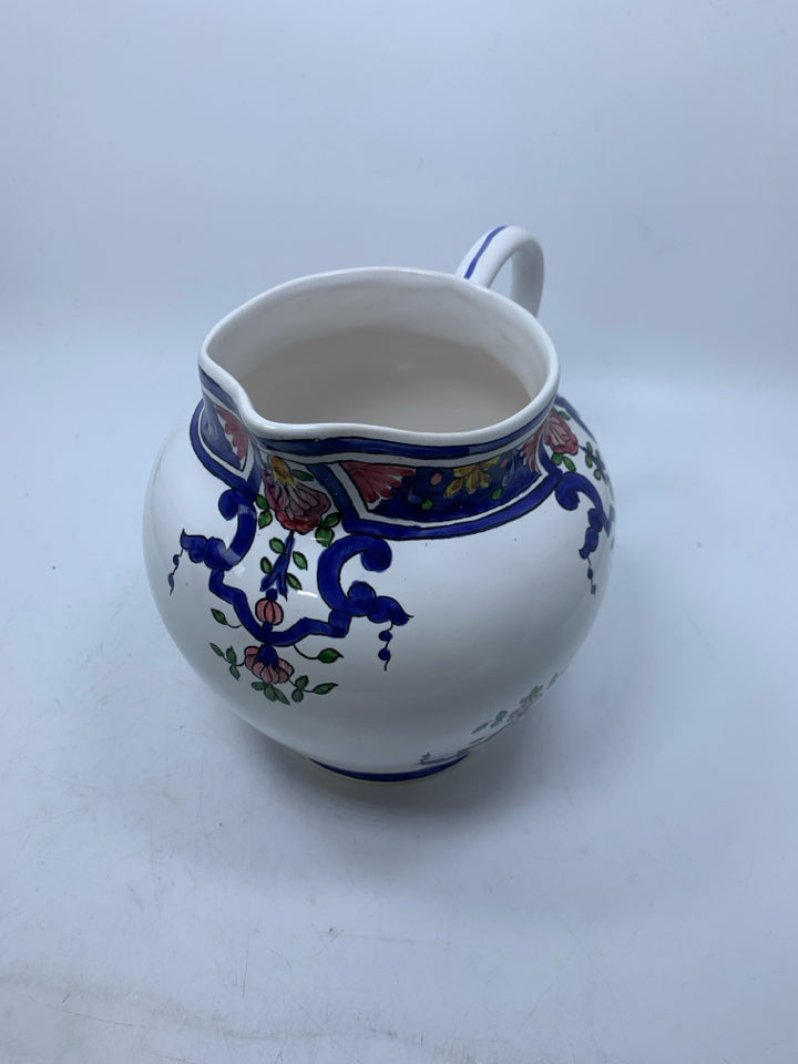 LARGE PITCHER W/ COBALT BLUE DESIGNS PINK FLOWERS.