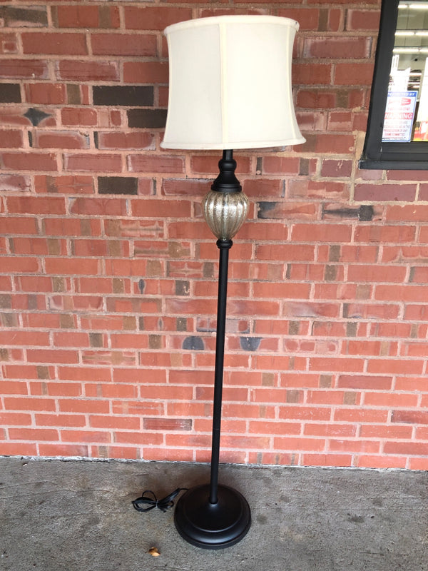 BLACK BASE FLOOR LAMP W/ GLASS MERCURY BALL- CREAM SHADE.