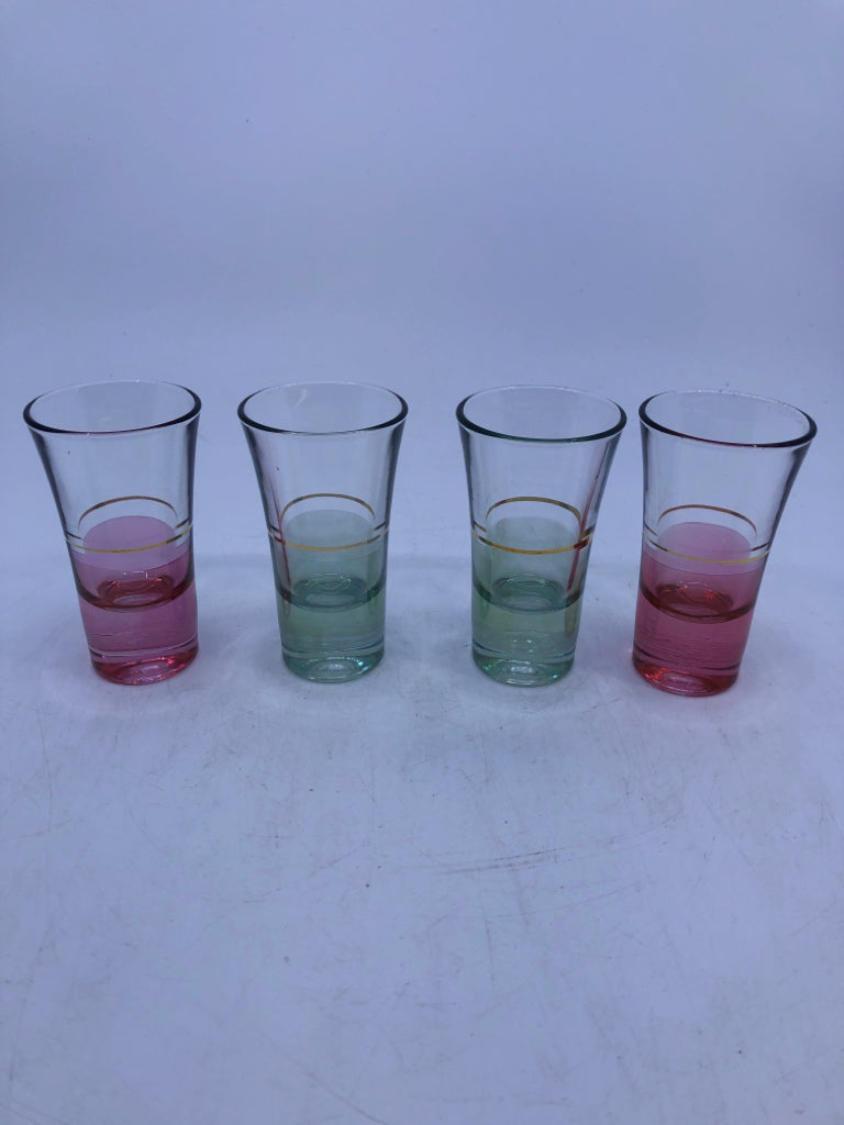 4 SHOT GLASSES GREEN/PINK W GOLD STRIPE.
