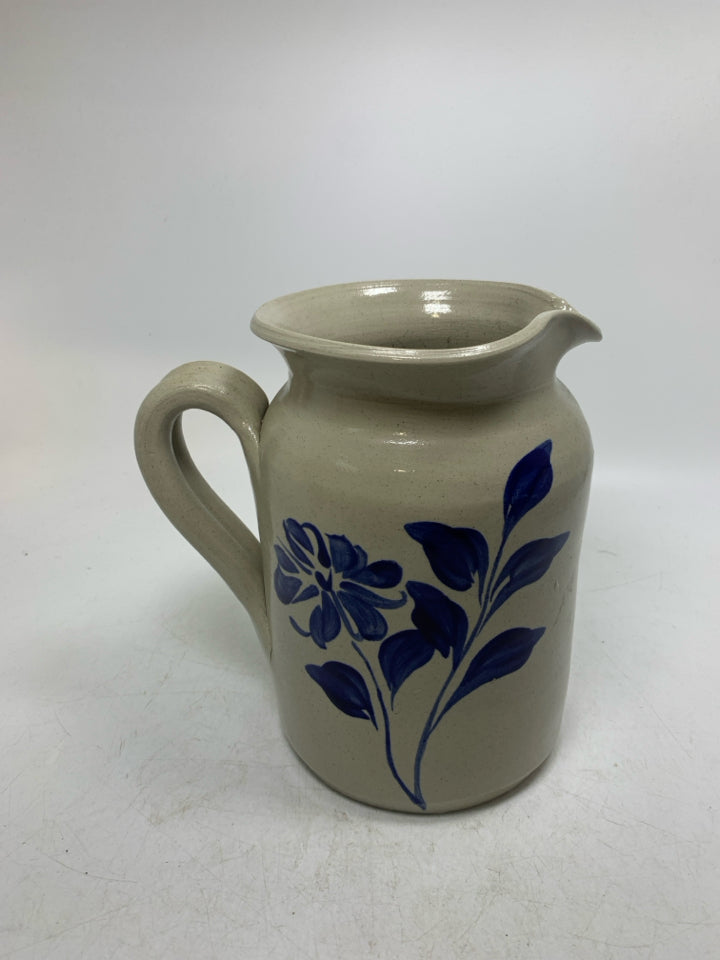 HEAVY DARK BLUE PAINTED FLOWER POTTERY PITCHER.
