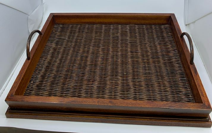 LARGE "RIVER WOOD" TRAY W/ WOOD FRAME DARK WICKER BASE + HANDLES.