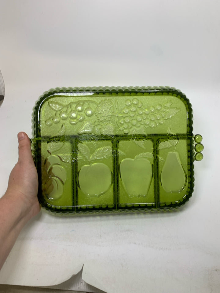 VTG DIVIDED GLASS TRAY W/ EMBOSSED FRUIT W/ HANDLES.