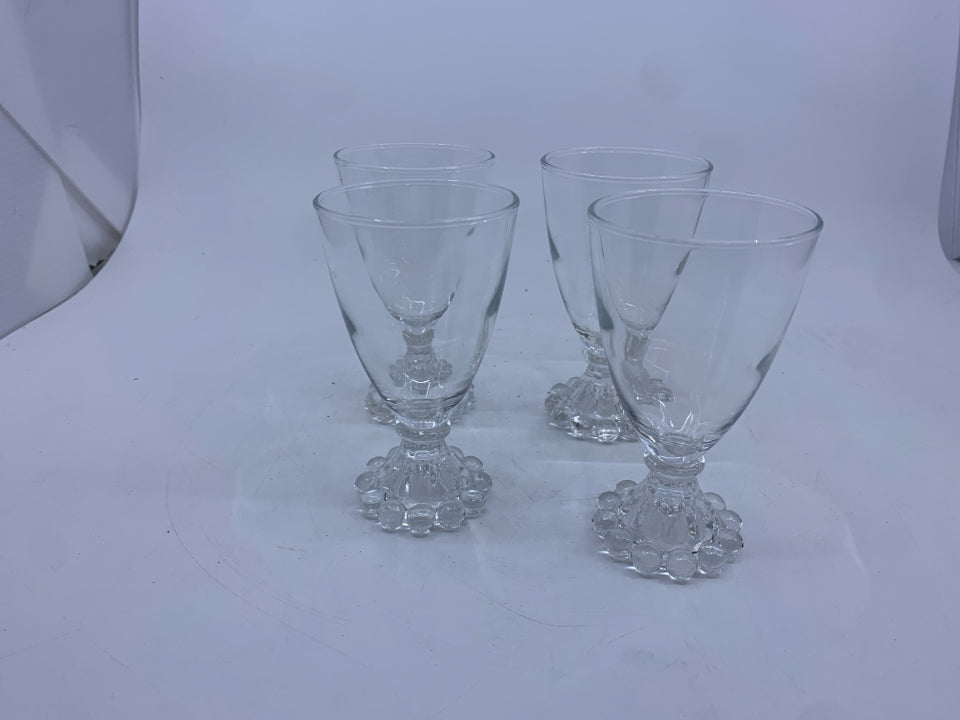 4 VTG GLASS BEAD BOTTOM FOOTED GLASSES.