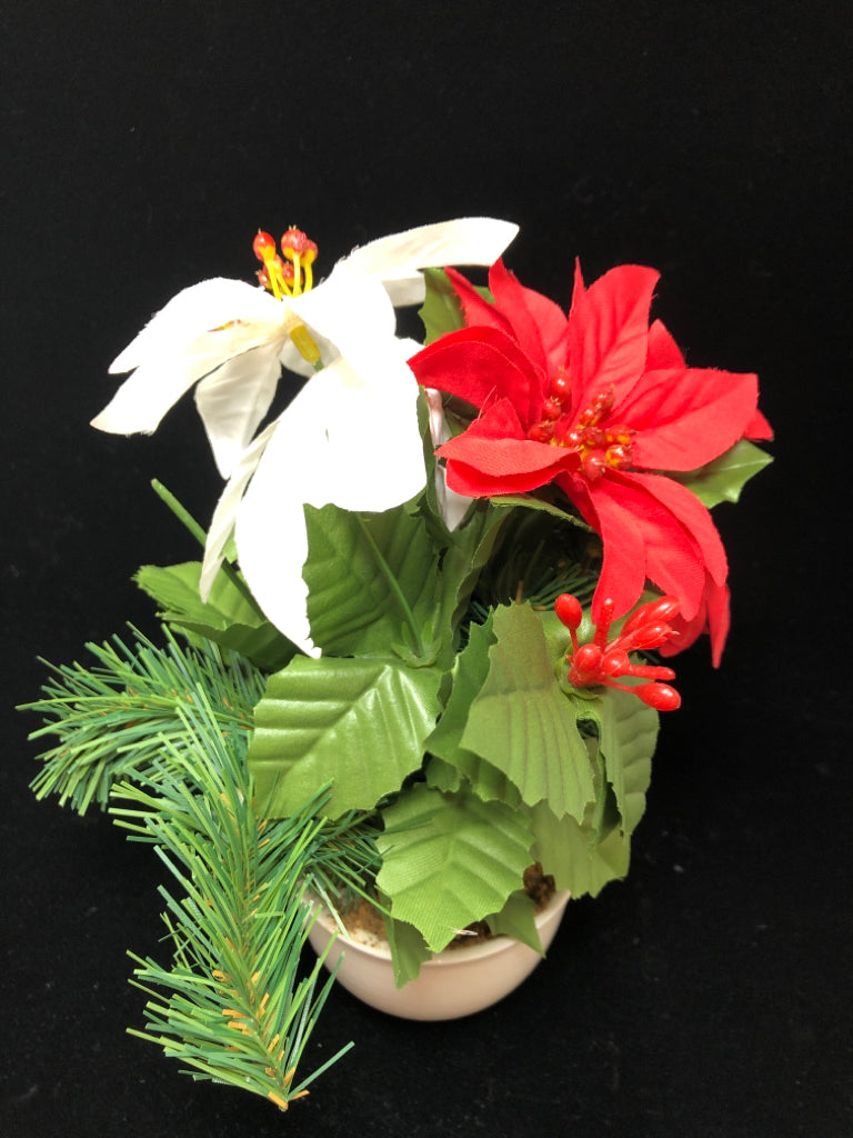 FAUX RED/WHITE POINSETTIA IN WHITE PLANTER.