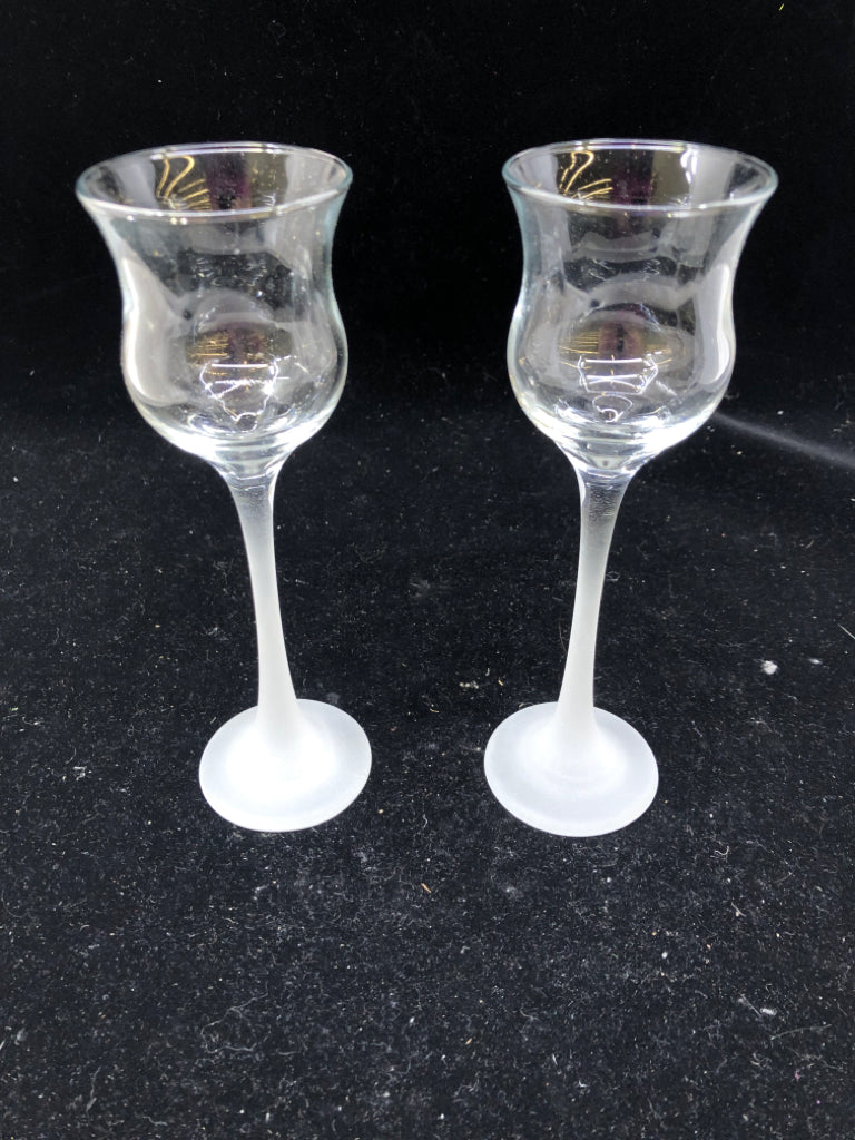 2 CORDIAL FROSTED STEM CANDLE HOLDERS.