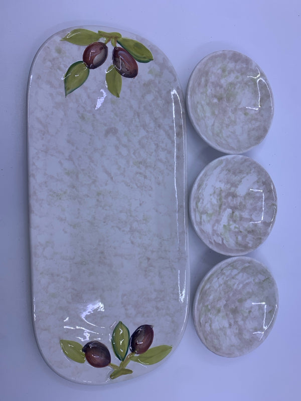 BREAD TRAY W/ 3 BOWLS FOR OLIVE OIL.