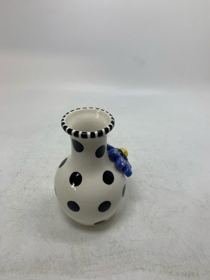 POLKA DOTS W/ EMBOSSED BLUE FLOWER BUD VASE.