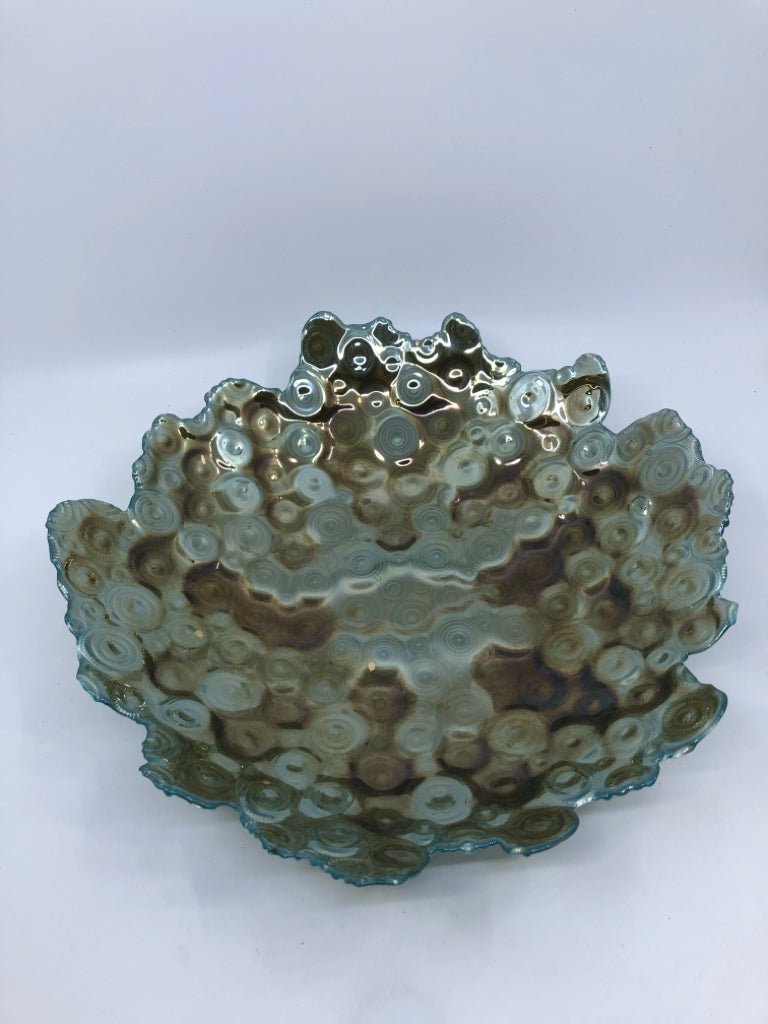 TEAL/GOLD WAVY EDGE BOWL W SWIRL PATTERN.