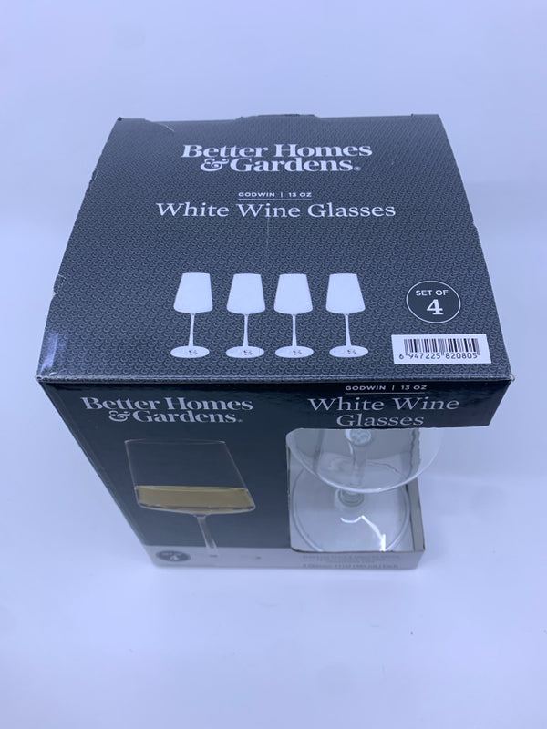 NIB 4PC WHITE WINE GLASS SET.