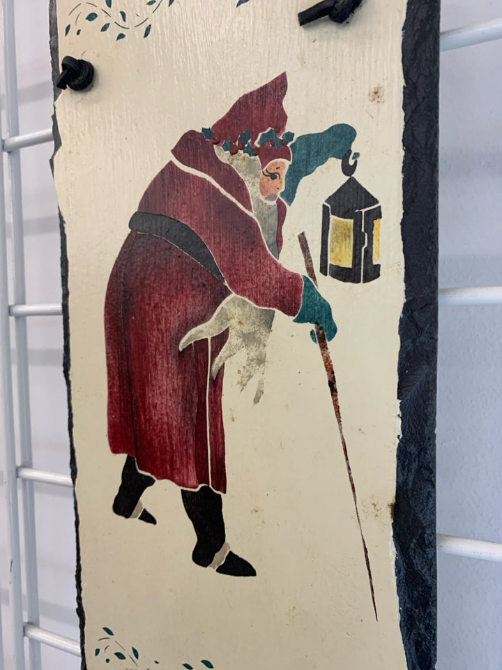 VTG SLATE PAINTED SANTA HOLDING LANTERN.