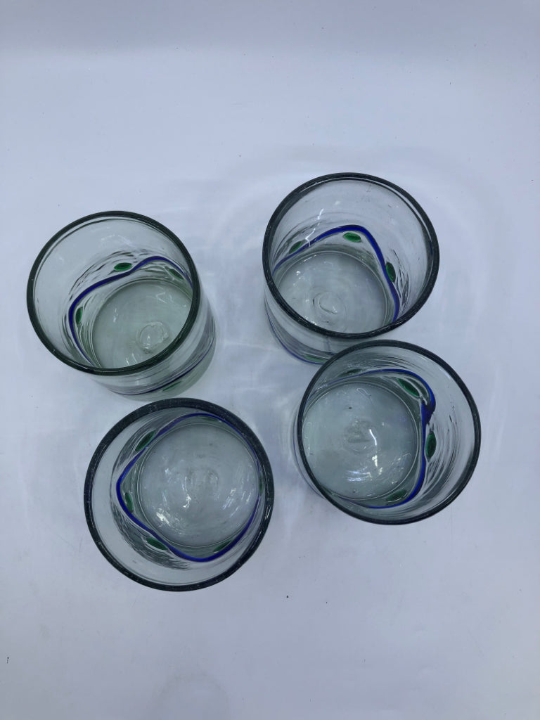 4 GREEN AND BLUE SHORT BLOWN GLASS GLASSES.