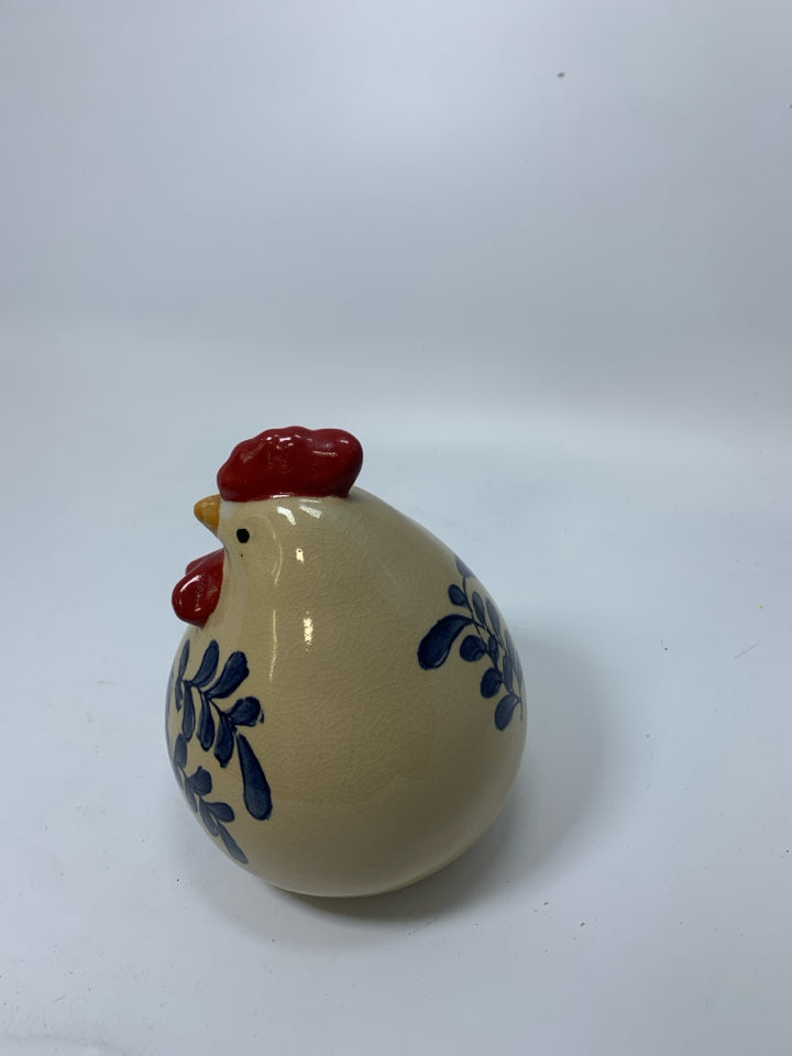 TAN CERAMIC CHICKEN W/ BLUE PAINTED ROSE.