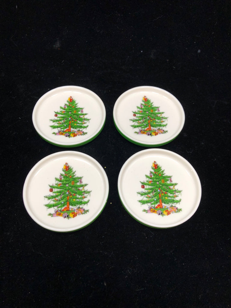 4 SPODE CHRISTMAS TREE SMALL PORCELAIN COASTERS.