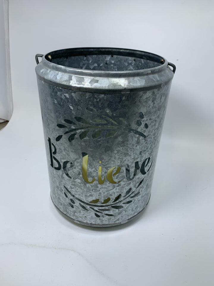 LARGE GALVANIZED LIGHT UP PIERCED "BELIEVE" LANTERN.