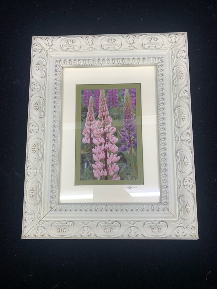 TEXTURED FRAME W/ PINK + PURPLE FLOWERS.