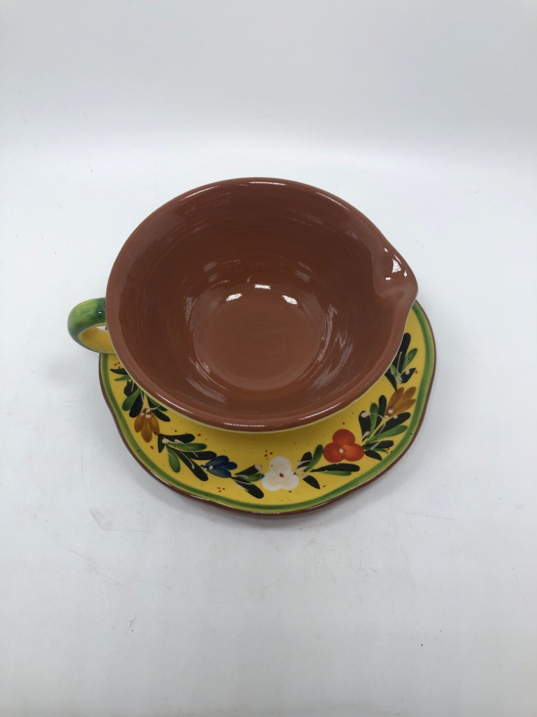 FLORAL PAINTED FOOTED BOWL W/HANDLE ON DRIP PLATE.
