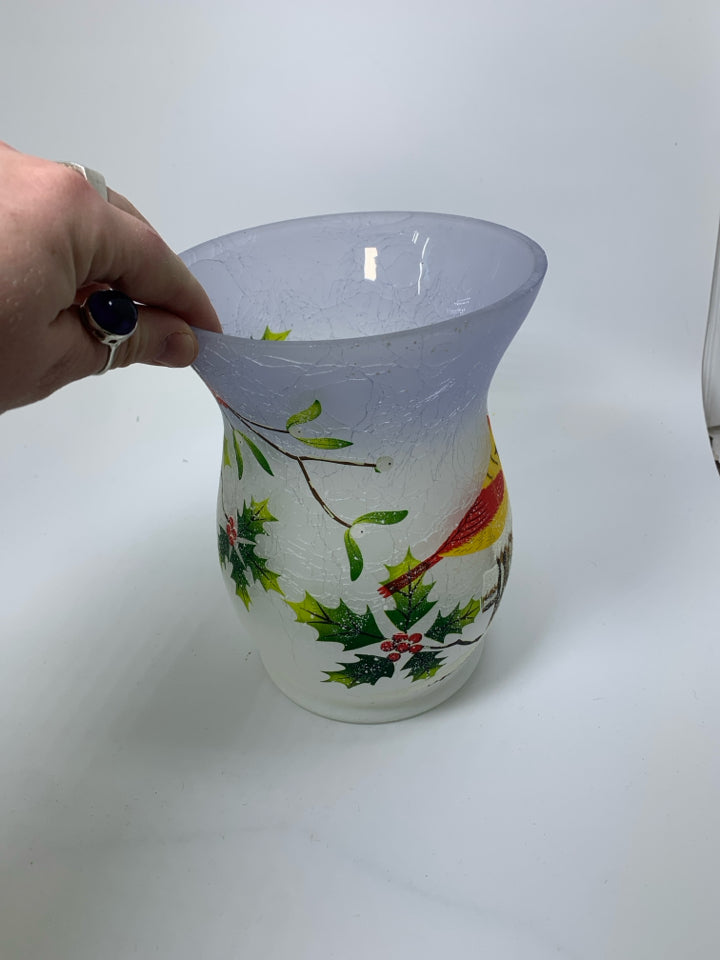 HURRICANE CRACKLE GLASS FROSTED CANDLE HOLDER W/ PAINTED CARDINALS YANKEE CANDLE