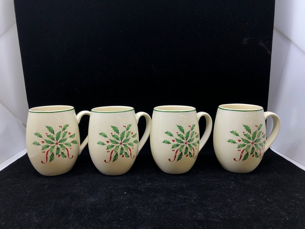 4 LENOX HOLLY MUGS.