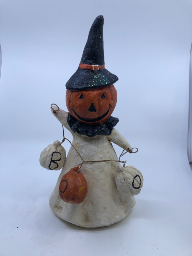 GLITTER GHOST W/PUMPKIN HEAD, HOLDING BOO PUMPKINS.