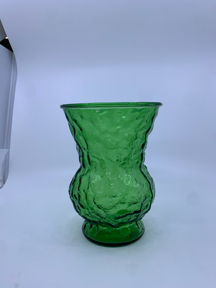 VTG GREEN DIMPLED VASE W/FLARE TOP.