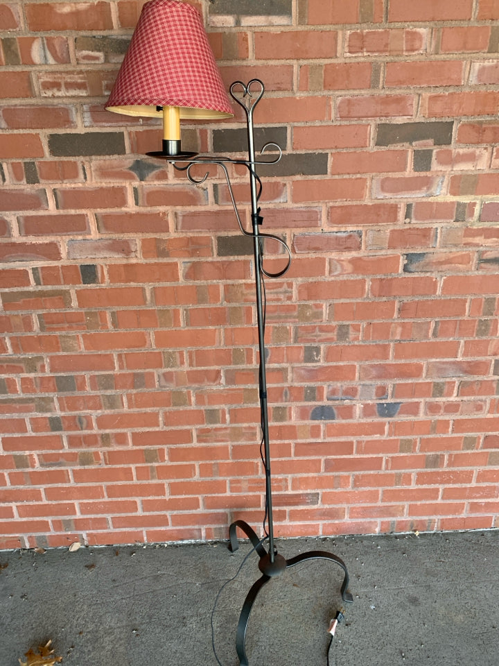 VTG METAL FLOOR LAMP W/SM RED SHADE.