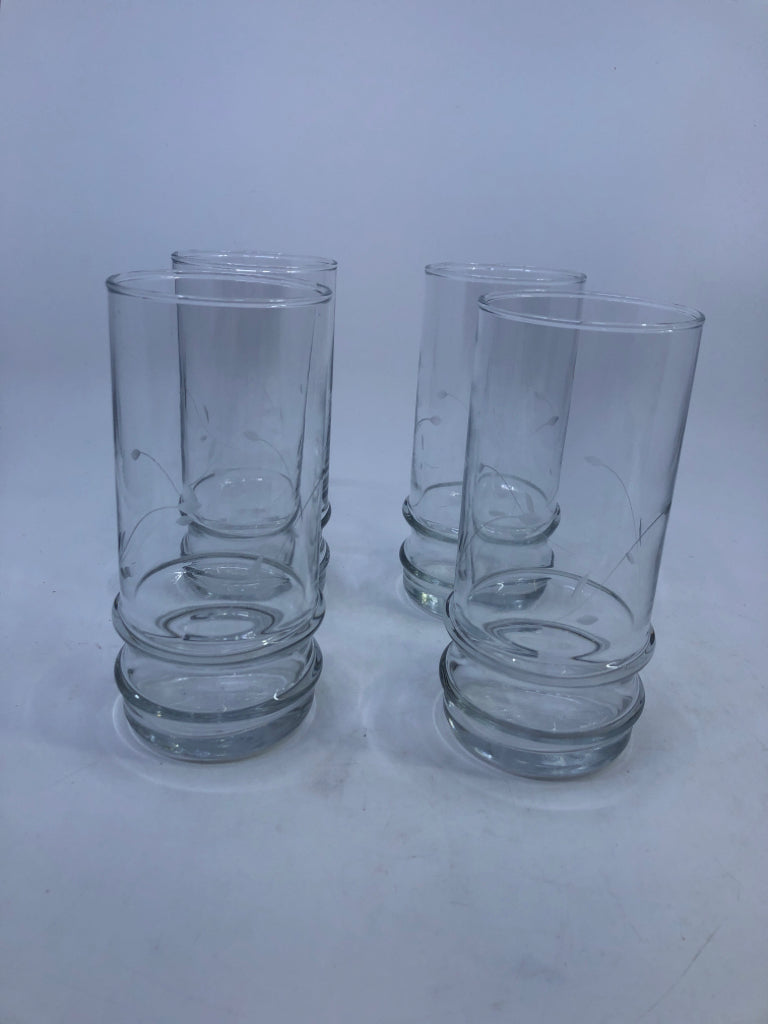 4 ETCHED GLASS TUMBLERS.