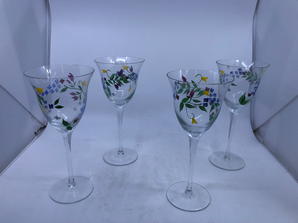 4 TALL FLORAL PAINTED WINE GLASSES.