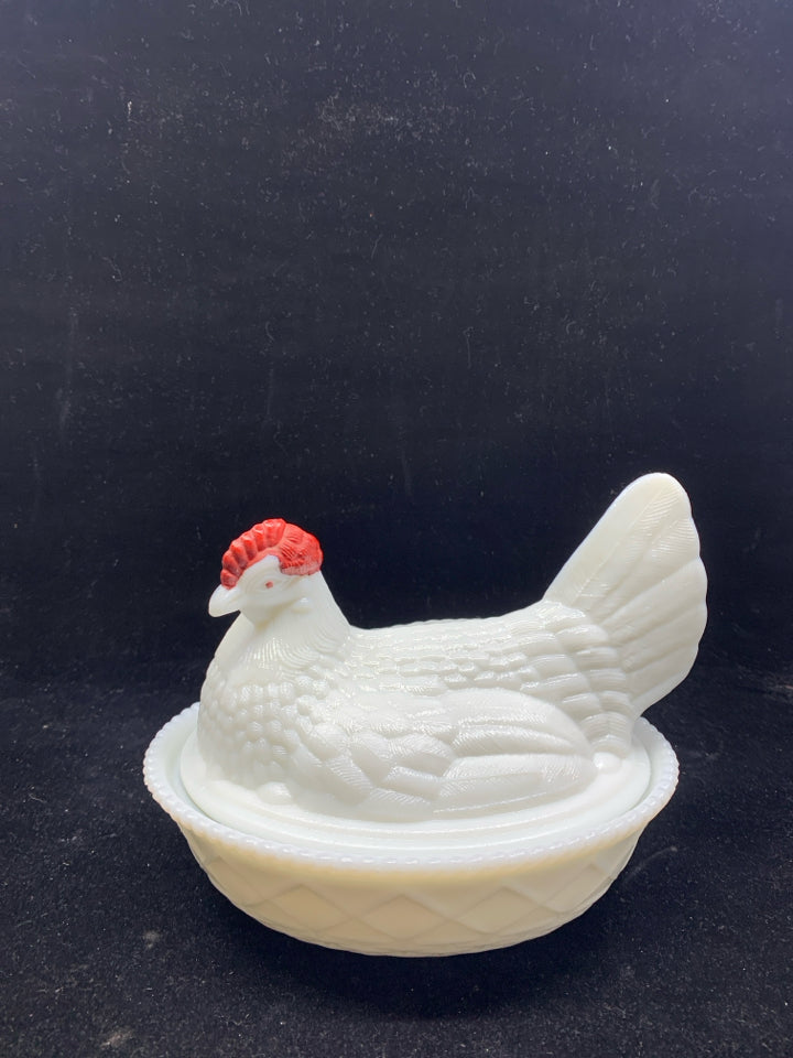 VTG MILK GLASS ROOSTER CANDY DISH.