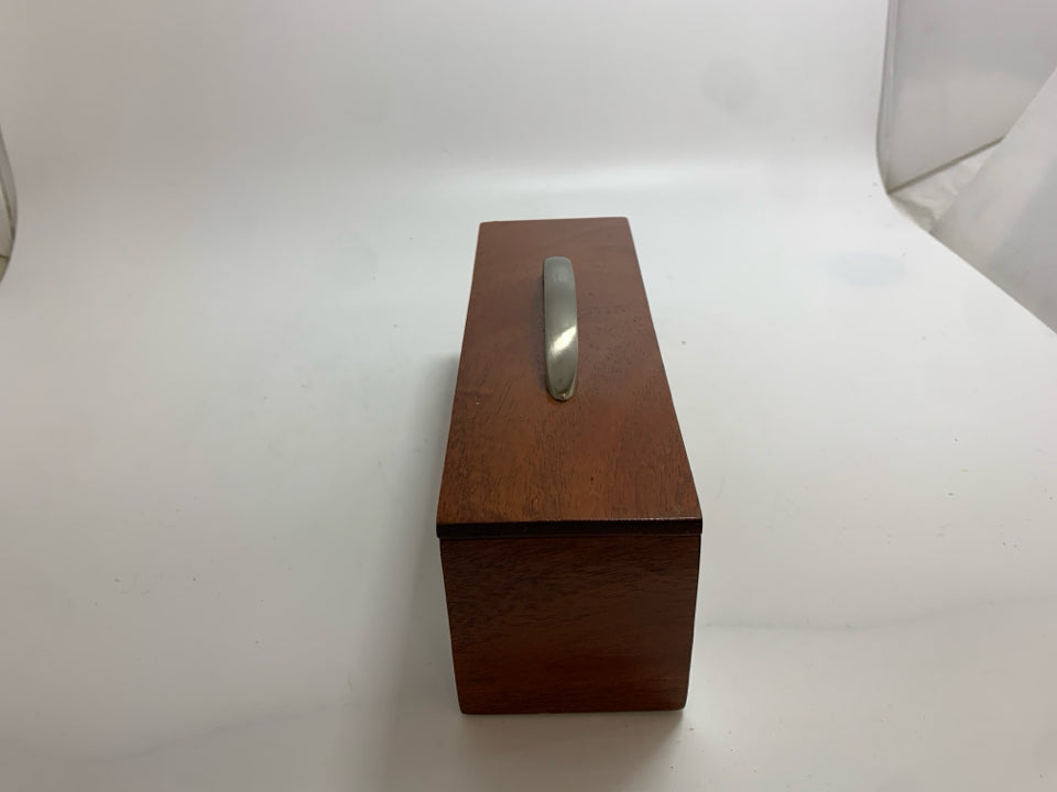 CHERRY OAK STORAGE CONTAINER W/SILVER HANDLE AND LID.
