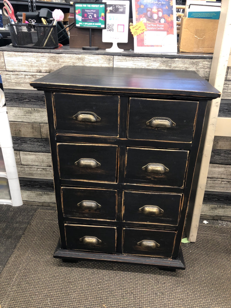 BLACK DISTRESSED CABINET W8 DRAWERS.