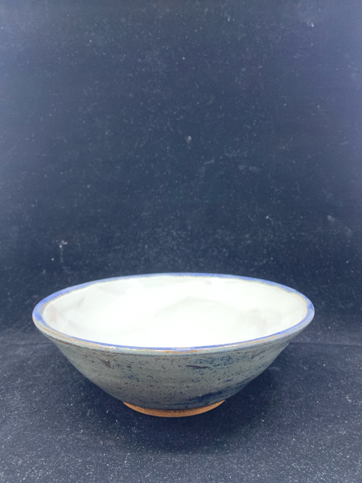 HEAVY POTTERY BOWL DARK GREY/BLUE WHITE INSIDE.