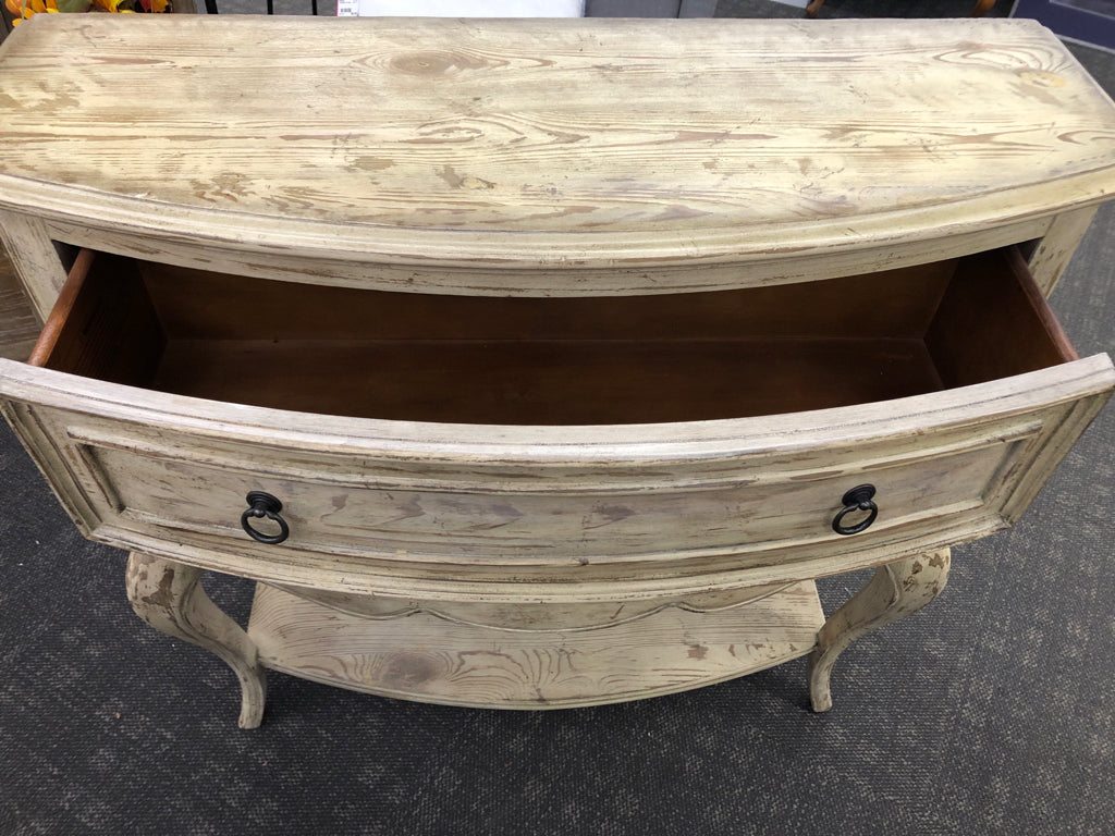 RUSTIC OFF WHITE 2 DRAWER CONSOLE TABLE W/ LOW SHELF.