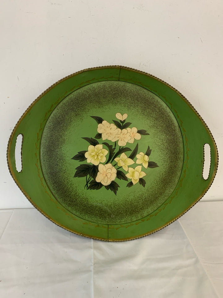 ROUND GREEN METAL TRAY W WHITE FLORAL.