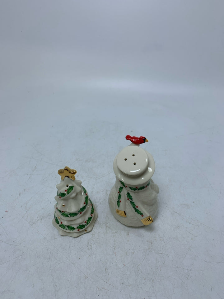 LENOX SNOWMAN W/ CARDINAL ON HAND & CHRISTMAS TREE SALT/PEPPER SHAKERS.