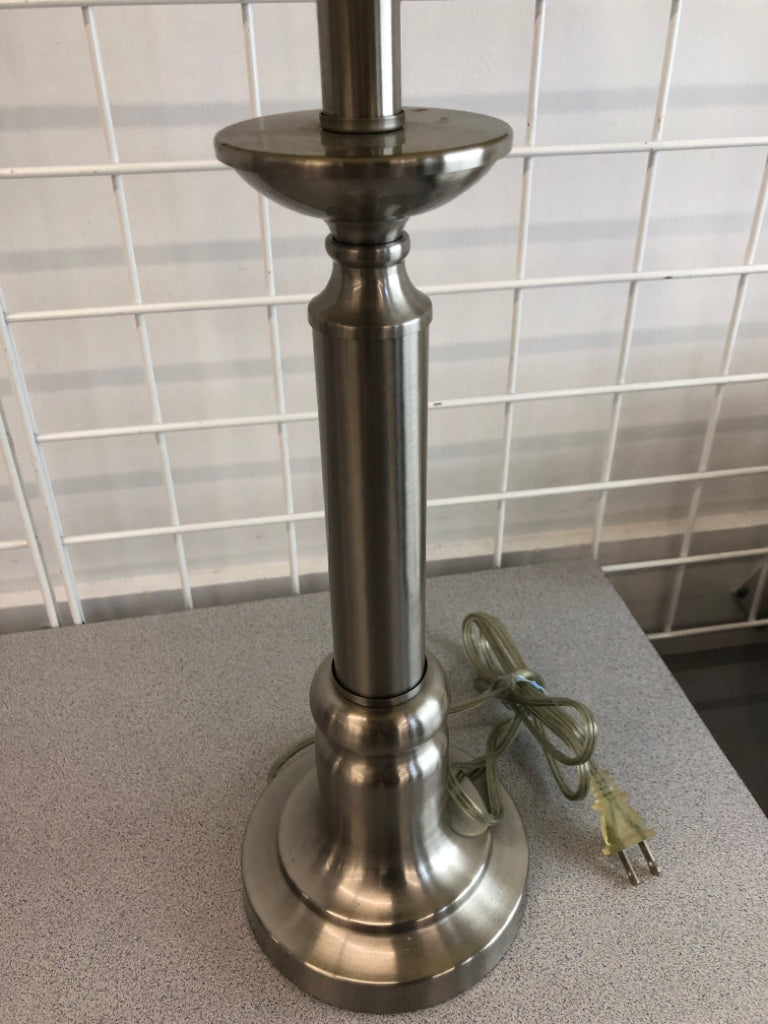 SILVER LAMP W/WHITE CONE SHADE.