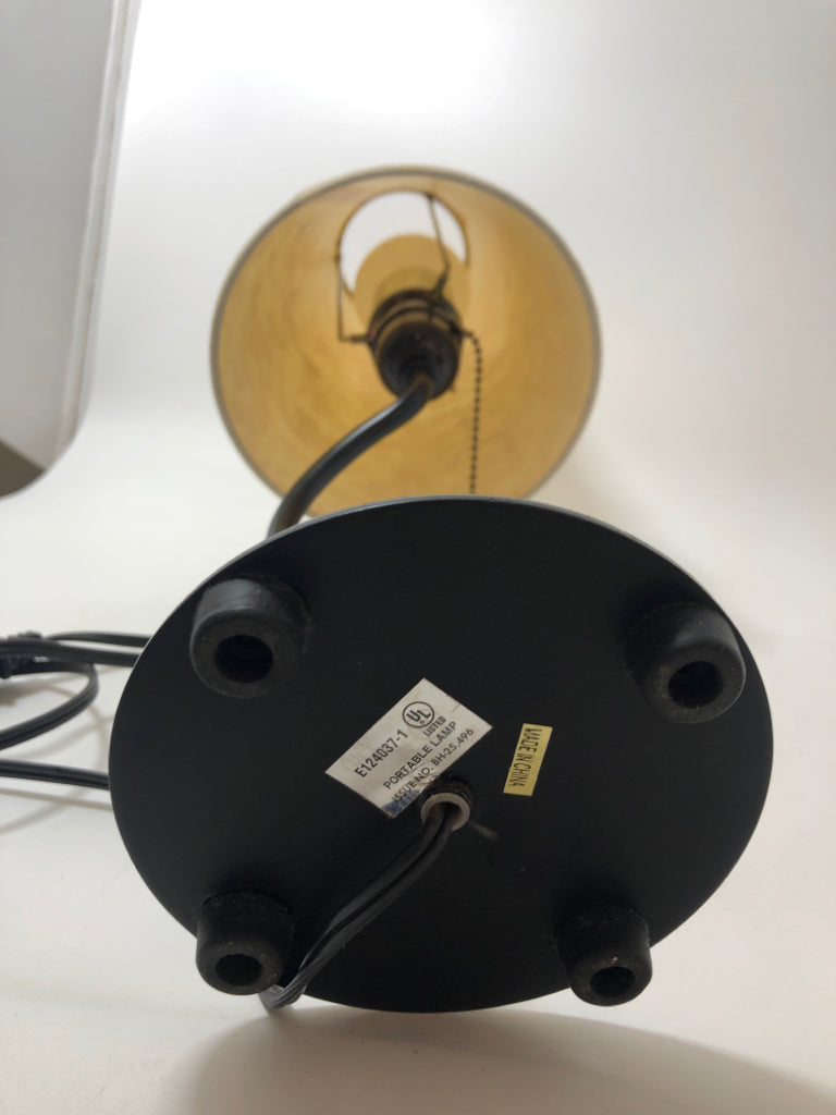 CURVED METAL LAMP W/FIBROUS SHADE.