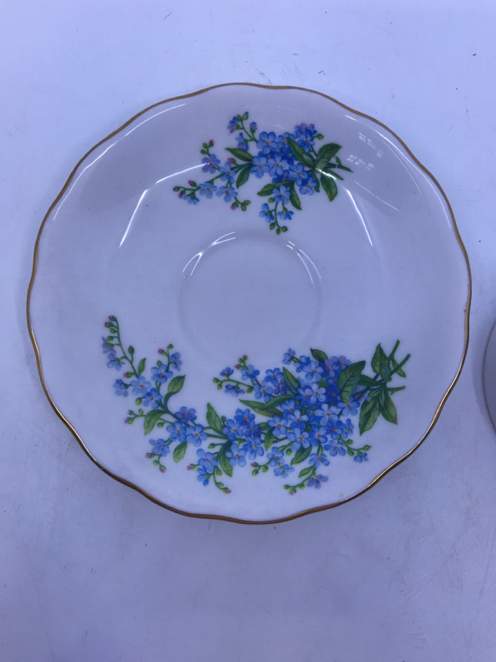 VTG TEA CUP AND SAUCER W/ BLUE FLOWERS AND GOLD RIM.
