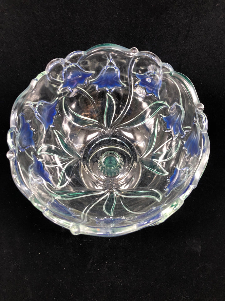 BLUE FLORAL GLASS PEDESTAL BOWL.