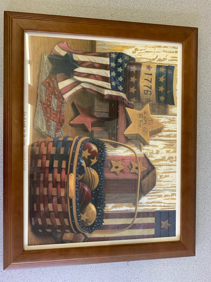 PRIMITIVE AMERICANA BASKET W WOOD FRAME WALL ART.